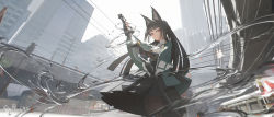 Rule 34 | 1girl, absurdres, animal ears, artist name, backlighting, black hair, black necktie, black pantyhose, bridge, cable, cape, city, cityscape, closed mouth, collared shirt, drawing sword, fingerless gloves, gauntlets, gloves, highres, holding, holding sword, holding weapon, hoshimi miyabi, long hair, looking at viewer, necktie, non porn, outdoors, pantyhose, red eyes, scenery, shirt, single fingerless glove, single gauntlet, skirt, solo, standing, sword, void 0, watermark, weapon, white shirt, zenless zone zero