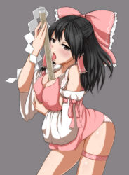 Rule 34 | 1girl, black hair, blush, bow, breasts, brown eyes, cleavage, covered erect nipples, detached sleeves, gohei, grey background, hair bow, hair tubes, hakurei reimu, large breasts, licking, long hair, mimofu (fullhighkick), open mouth, panties, sexually suggestive, simple background, solo, striped clothes, striped panties, thigh strap, tongue, tongue out, touhou, underwear