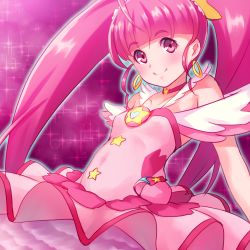 Rule 34 | 1girl, bare arms, blush, choker, closed mouth, cure star, dress, earrings, frills, highres, hoop earrings, hoshina hikaru, jewelry, long hair, looking at viewer, magical girl, pink background, pink dress, pink eyes, pink hair, pink neckwear, pink theme, precure, sayousuke, smile, solo, sparkle, star (symbol), star choker, star twinkle precure, twintails, upper body