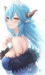 Rule 34 | 1girl, bare shoulders, blue hair, blue nails, blush, breasts, demon horns, from side, fur trim, hair between eyes, hand up, haoni, highres, hololive, horn ornament, horns, large breasts, long hair, looking at viewer, looking to the side, multicolored hair, nail polish, parted lips, pointy ears, simple background, smile, solo, streaked hair, tiara, upper body, virtual youtuber, white background, yellow eyes, yukihana lamy