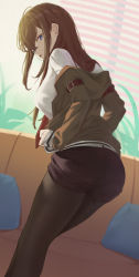 Rule 34 | 1girl, ass, black pantyhose, black shorts, blue eyes, breasts, brown hair, brown jacket, couch, day, feet out of frame, from behind, highres, indoors, jacket, long hair, long sleeves, looking at viewer, looking back, makise kurisu, medium breasts, nev (nevblindarts), open clothes, open jacket, pantyhose, pantyhose under shorts, parted lips, pillow, shirt, short shorts, shorts, sidelocks, solo, standing, steins;gate, steins;gate 0, undressing, white shirt, window