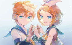 Rule 34 | 1boy, 1girl, anniversary, arm warmers, bare shoulders, bass clef, black collar, blonde hair, blue eyes, bow, collar, commentary, crop top, fingers together, from side, hair bow, hair ornament, hairclip, headphones, headset, ito taera, kagamine len, kagamine rin, looking at viewer, looking to the side, nail polish, neckerchief, necktie, open mouth, sailor collar, school uniform, shirt, short hair, short ponytail, short sleeves, shoulder tattoo, sleeveless, sleeveless shirt, smile, spiked hair, swept bangs, tattoo, twitter username, upper body, vocaloid, white bow, white shirt, yellow nails, yellow neckerchief