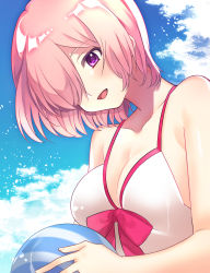 Rule 34 | 1girl, :d, bad id, bad pixiv id, ball, bare arms, bare shoulders, beachball, bikini, blue sky, bow, breasts, cleavage, cloud, collarbone, day, eyebrows, facing away, fate/grand order, fate (series), fingernails, hair over one eye, highres, holding, holding ball, light particles, looking down, mash kyrielight, mash kyrielight (swimsuit of perpetual summer), medium breasts, official alternate costume, open mouth, outdoors, pink bow, pink hair, purple eyes, shinoko, short hair, sky, smile, solo, swimsuit, upper body, white bikini