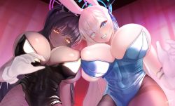 2girls animal_ears asuna_(blue_archive) asuna_(bunny)_(blue_archive) asymmetrical_docking black_hair black_leotard blue_archive blue_eyes blue_leotard blurry breast_press breasts bursting_breasts cleavage covered_navel cowboy_shot dark-skinned_female dark_skin depth_of_field fake_animal_ears fishnet_pantyhose fishnets from_below gloves glowing glowing_eyes grin hair_between_eyes hair_over_one_eye halo highleg highleg_leotard highres huge_breasts indoors karin_(blue_archive) karin_(bunny)_(blue_archive) leaning_forward leotard light_brown_hair long_bangs long_hair looking_at_viewer megumi_kei mole mole_under_eye multiple_girls official_alternate_costume pantyhose playboy_bunny rabbit_ears signature smile strapless strapless_leotard thighband_pantyhose very_long_hair white_gloves yellow_eyes