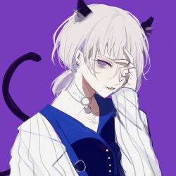 Rule 34 | 1boy, animal ears, blue shirt, cat boy, cat ears, cat tail, collar, ear piercing, fake animal ears, fake tail, head rest, highres, jacket, jewelry, long sleeves, looking at viewer, male focus, murasaki (mrsk 1111), natsume ryu, paradox live, piercing, ponytail, purple background, purple eyes, ring, shirt, short ponytail, sketch, solo, striped clothes, striped jacket, tail, white hair, white jacket