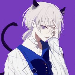 1boy animal_ears blue_shirt cat_boy cat_ears cat_tail collar ear_piercing fake_animal_ears fake_tail head_rest highres jacket jewelry long_sleeves looking_at_viewer male_focus murasaki_(mrsk_1111) natsume_ryu paradox_live piercing ponytail purple_background purple_eyes ring shirt short_ponytail sketch solo striped_clothes striped_jacket tail white_hair white_jacket