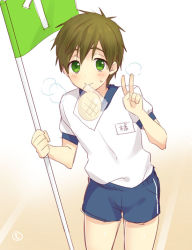 Rule 34 | 10s, 1boy, aged down, blue shorts, blush, bread, brown hair, child, cowboy shot, flag, food, free!, gradient background, green eyes, gym shirt, gym shorts, gym uniform, holding, holding flag, looking at viewer, male focus, melon bread, mo (nmnme), mouth hold, name tag, numbered flag, shirt, shirt tucked in, short hair, short sleeves, shorts, signature, simple background, smile, solo, standing, sweat, tachibana makoto, uniform, v, white background, white shirt