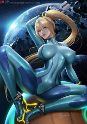 Rule 34 | 1girl, artist name, blonde hair, blue eyes, bodysuit, breasts, commentary request, covered navel, energy gun, high ponytail, holding, holding weapon, lips, long hair, looking at viewer, medium breasts, metroid, metroid dread, mole, mole under mouth, neon trim, nintendo, paralyzer, parted lips, planet, ponytail, sade abyss, samus aran, shiny clothes, signature, simple background, sitting, skin tight, solo, space, weapon, zero suit