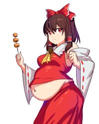 Rule 34 | 1girl, bow, breasts, brown hair, crop top, dango, fat, fat woman, food, hair bow, hakurei reimu, holding, holding food, japanese clothes, looking at viewer, medium breasts, navel, plump, puffy cheeks, rajmzz, red eyes, red skirt, skirt, solo, touhou, wagashi, weight gain