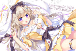 Rule 34 | 1girl, :d, ameto yuki, animal ears, artist name, blush, bow, braid, breasts, bridal garter, brown bow, cleavage, commentary request, ecru (ameto yuki), fingernails, hair between eyes, hair bow, hair ornament, hairclip, hands up, heart, heart hair ornament, highres, light brown hair, long hair, looking at viewer, lying, on back, open mouth, original, puffy short sleeves, puffy sleeves, purple eyes, rabbit ears, shirt, short sleeves, single braid, skirt, smile, solo, striped, striped bow, very long hair, yellow shirt, yellow skirt