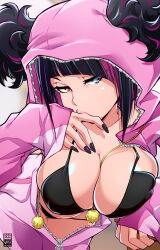 Rule 34 | 1girl, bayeuxman, bikini, bikini under clothes, black bikini, black hair, black nails, blue eyes, blurry, blurry background, breasts, cleavage, han juri, heterochromia, highres, indoors, large breasts, lips, multicolored hair, onesie, open clothes, pink eyes, pink hair, short twintails, sleeves past wrists, solo, street fighter, swimsuit, twintails, two-tone hair, upper body