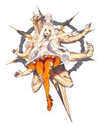 Rule 34 | 1girl, arhat (destiny child), armpits, bare shoulders, blue eyes, bow, breasts, cleavage, crown, destiny child, dress, fishnet sleeves, fishnets, frilled dress, frills, gloves, highres, long hair, looking at viewer, multiple arms, orange legwear, outstretched arms, transparent background, white dress, white gloves, white hair
