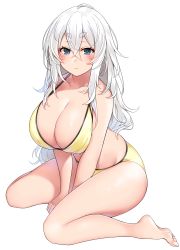 Rule 34 | 1girl, absurdres, bare arms, bare legs, bare shoulders, barefoot, between legs, bikini, blue eyes, blush, breasts, cleavage, closed mouth, collarbone, crossed bangs, expressionless, full body, hair between eyes, halterneck, highres, large breasts, looking at viewer, original, silver hair, simple background, sitting, solo, string bikini, suruga (xsurugax), swimsuit, thick eyebrows, thighs, wariza, white background, yellow bikini