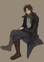 Rule 34 | 1boy, absurdres, black coat, boots, braid, brown background, brown footwear, brown hair, burn scar, chinese commentary, closed mouth, coat, code:dante, commentary request, green scarf, grey pants, grey sweater, harada minoru, highres, invisible chair, male focus, open clothes, open coat, pants, red eyes, ribbed sweater, saibou shinkyoku, scar, scar on face, scar on forehead, scar on hand, scarf, side braid, simple background, single braid, sitting, smile, solo, sweater