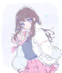 Rule 34 | 1girl, a20 (atsumaru), blush, brown hair, coat, hime cut, looking at viewer, original, pink scarf, pink skirt, purple eyes, rabbit pin, scarf, skirt, sleeves past fingers, sleeves past wrists, smile, snow, snowing, solo, triangle hair ornament, white background, white coat, wind