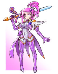 Rule 34 | 1girl, adapted costume, armor, bodysuit, boots, bow, breasts, brooch, cleavage, covered navel, cure sword, dokidoki! precure, elbow gloves, full body, gloves, hair ornament, heart, heart brooch, highres, holding, holding weapon, kenzaki makoto, magical girl, oomasa teikoku, pauldrons, ponytail, precure, purple bodysuit, purple eyes, purple footwear, purple hair, short hair, shoulder armor, skin tight, smile, solo, spade hair ornament, sword, thigh boots, thighhighs, weapon