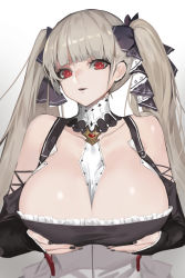 Rule 34 | 1girl, absurdres, azur lane, bad id, bad pixiv id, bare shoulders, between breasts, black nails, bow, breast hold, breasts, choker, cleavage, dress, eyelashes, formidable (azur lane), frilled dress, frills, grey hair, hair bow, highres, jam (nandade), large breasts, long hair, nail polish, parted lips, red eyes, solo, twintails, two-tone dress, two-tone ribbon, upper body, white background