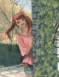 1boy absurdres blue_shorts brown_hair commentary_request grass green_eyes hair_ornament hair_scrunchie highres idolmaster idolmaster_side-m iro_saki long_hair looking_at_viewer mizushima_saki nail_polish open_mouth partial_commentary pink_nails pink_scrunchie pink_shirt scrunchie shirt shorts smile solo star_(symbol) star_hair_ornament tree twintails