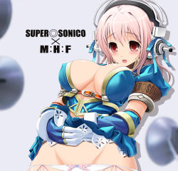 Rule 34 | 1girl, azure (armor), blush, bow, bow panties, breasts, capcom, cleavage, clothes lift, cosplay, elbow gloves, gloves, headphones, highres, large breasts, lowleg, lowleg panties, monster hunter, monster hunter (series), monster hunter frontier, nitroplus, open mouth, panties, panties under pantyhose, panty pull, pantyhose, pink hair, red eyes, skirt, skirt lift, solo, super sonico, underwear, v-mag, white panties
