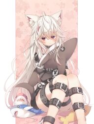 Rule 34 | 1girl, animal ear fluff, animal ears, belt, black shirt, button eyes, buttons, chain, chain print, collar, commission, cuffs, expressionless, fox ears, fox girl, highres, hugging doll, hugging object, leg belt, long hair, long sleeves, looking at viewer, multicolored hair, no pants, red eyes, red hair, rento (rukeai), second-party source, shackles, shirt, sitting, skeb commission, streaked hair, stuffed animal, stuffed shark, stuffed toy, thigh belt, thigh strap, two-tone hair, very long hair, vrchat, white hair