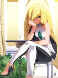 Rule 34 | 10s, 1girl, blonde hair, bush, cafe, chair, chest jewel, creatures (company), crossed legs, cup, darkmaya, dated, drink, drinking glass, drinking straw, feet, game freak, green eyes, hair over one eye, head rest, high heels, jpeg artifacts, leggings, legs, long hair, looking at viewer, lusamine (pokemon), mature female, multicolored clothes, multicolored legwear, nail polish, nintendo, outdoors, pokemon, pokemon sm, shaded face, shirt, signature, sitting, sleeveless, sleeveless shirt, smile, solo, table, thighs, toenail polish, toenails, toes, two-tone legwear, very long hair