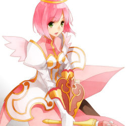 Rule 34 | 00s, 1girl, bad id, bad pixiv id, estellise sidos heurassein, green eyes, halo, pink hair, shield, short hair, smile, solo, tales of (series), tales of vesperia, three plates, wand, white background, wings