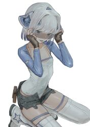 Rule 34 | 1girl, blue eyes, boots, breasts, female focus, flat chest, goggles, grey hair, highres, jitome, kichiya, kneehighs, looking at viewer, original, school swimsuit, short hair, shorts, simple background, sitting, small breasts, smile, socks, solo, swimsuit, tongue, wariza, white background
