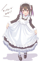 Rule 34 | 1girl, :d, alternate costume, black footwear, black hair, blush, brown eyes, commentary, curtsey, enmaided, full body, hair between eyes, hair ornament, hair ribbon, hairclip, highres, juliet sleeves, long sleeves, looking at viewer, maid, maid headdress, mary janes, multicolored hair, onii-chan wa oshimai!, open mouth, oyama mihari, pantyhose, puffy sleeves, purple hair, red ribbon, ribbon, seiyu jelly, shoes, simple background, skirt hold, smile, solo, sweatdrop, translated, twintails, two-tone hair, white background, white pantyhose