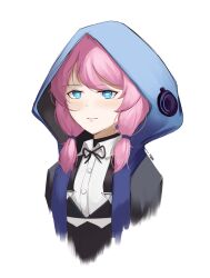 Rule 34 | 1girl, absurdres, arknights, artist name, black ribbon, blue jacket, blue poison (arknights), blush, bright pupils, eroborne, highres, hood, hood up, hooded jacket, jacket, long hair, low twintails, neck ribbon, open clothes, open jacket, parted lips, pink hair, ribbon, shirt, smile, solo, twintails, upper body, white shirt
