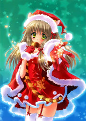 Rule 34 | 1girl, absurdres, animal ears, blush, breasts, brown hair, cape, carnelian, christmas, cleavage, cowboy shot, dress, fur trim, garter straps, gloves, green eyes, hair ribbon, hat, highres, long hair, looking at viewer, original, outstretched arm, parted lips, pom pom (clothes), red gloves, red ribbon, ribbon, santa costume, santa hat, small breasts, solo, star (symbol), tail, thighhighs, tiger ears, tiger tail, white thighhighs