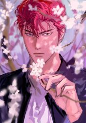 Rule 34 | 1boy, bishounen, black eyes, black jacket, cherry blossoms, close-up, closed mouth, dappled sunlight, highres, holding, holding plant, jacket, looking at viewer, male focus, mukur sd, open clothes, open jacket, outdoors, plant, pompadour, red hair, sakuragi hanamichi, shirt, short hair, slam dunk (series), solo, sunlight, toned, toned male, upper body, white shirt