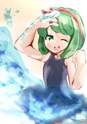 Rule 34 | absurdres, arm up, beige background, bow, child, danganronpa (series), danganronpa another episode: ultra despair girls, danganronpa s: ultimate summer camp, eyebrows, green eyes, green hair, hairband, hand up, headband, highres, looking at viewer, one eye closed, open mouth, painting (medium), red bow, red hairband, red headband, red headwear, red ribbon, ribbon, school swimsuit, simple background, swimsuit, teeth, tongue, towa monaca, traditional media, upper body, upper teeth only, water, watercolor (medium)
