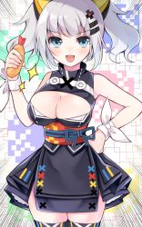 Rule 34 | 1girl, :d, blue eyes, blush, breasts, cleavage, cleavage cutout, clothing cutout, commentary request, emphasis lines, food, hair ornament, hand on own hip, highres, holding, holding food, kaguya luna, looking at viewer, medium breasts, obi, open mouth, sash, shiratoriko, short hair, silver hair, smile, solo, the moon studio, thighhighs, twintails, virtual youtuber