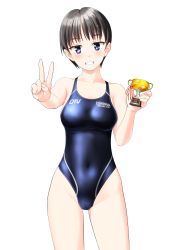Rule 34 | 1girl, absurdres, black hair, black one-piece swimsuit, breasts, cameltoe, clothes writing, collarbone, commentary request, competition swimsuit, contrapposto, covered navel, cowboy shot, grin, highres, holding, holding trophy, medium breasts, one-piece swimsuit, original, purple eyes, short hair, simple background, smile, solo, swimsuit, takafumi, trophy, v, white background