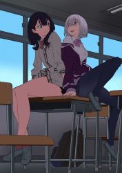 Rule 34 | 10s, 2girls, :d, arai hiroki, back-to-back, backpack, bag, bare legs, black eyes, black hair, black pantyhose, bow, bowtie, breasts, cardigan, ceiling, ceiling light, chair, classroom, closed mouth, convenient leg, couple, day, desk, eye contact, female focus, fluorescent lamp, from below, gridman universe, highres, holding hands, indoors, jacket, knee up, lavender neckwear, legs, light purple hair, long hair, long sleeves, looking at another, looking back, medium breasts, multiple girls, off shoulder, on desk, open mouth, pantyhose, purple eyes, purple jacket, red neckwear, school chair, school desk, school uniform, shinjou akane, shirt, shoes, short hair, sitting, on desk, sitting on table, smile, ssss.gridman, table, takarada rikka, thick thighs, thighs, uwabaki, window, yuri
