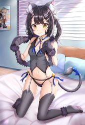 Rule 34 | 1girl, absurdres, animal ear fluff, animal ears, animal hands, bare shoulders, bell, black hair, black panties, blue ribbon, blush, breasts, brown eyes, cat ears, cat paws, cat tail, commentary request, dangeroes beast (miyu), fate/kaleid liner prisma illya, fate (series), gloves, grey thighhighs, hair ornament, hair ribbon, hairclip, highres, illyasviel von einzbern, indoors, kneeling, long hair, looking at viewer, miyu edelfelt, navel, no shoes, panties, paw gloves, pillow, ribbon, small breasts, solo, tail, thighhighs, underwear, wavy mouth, white ribbon, zeroillya