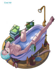 Rule 34 | 1girl, animification, barefoot, bath, bathing, bathtub, blue hair, book, breasts, claw foot bathtub, cool air (lovecraft), copyright name, cthulhu mythos, doctor munoz, faux figurine, flask, genderswap, genderswap (mtf), glasses, green eyes, highres, holding, holding book, kyurien (noise), melting, nib pen (object), nipples, nude, pen, rotting, shower head, smile, solo, spoilers, tube, water, wooden floor