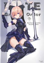 Rule 34 | 2girls, absurdres, armor, armored boots, armored dress, artist name, bad hands, black pantyhose, black skirt, black thighhighs, boots, breasts, copyright name, dated, artistic error, fate/grand order, fate (series), fujimaru ritsuka (female), hair between eyes, highres, holding, holding sword, holding weapon, huali, knee boots, looking at viewer, mash kyrielight, mash kyrielight (senpai killer outfit), medium breasts, multiple girls, out of frame, pantyhose, parted lips, pink hair, planted, planted sword, planted weapon, purple eyes, purple footwear, purple legwear, short hair, sitting, skirt, smile, solo focus, sword, teeth, thigh boots, thighhighs, typo, vambraces, weapon, white footwear, yokozuwari