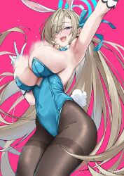 Rule 34 | 1girl, animal ears, arm up, armpits, artist name, asuna (blue archive), asuna (bunny) (blue archive), asymmetrical bangs, bare shoulders, blue archive, blue bow, blue bowtie, blue eyes, blue leotard, blue ribbon, blush, bouncing breasts, bow, bowtie, breasts, brown pantyhose, cleavage, covered navel, detached collar, fake animal ears, gloves, hair ornament, hair over one eye, hair ribbon, halo, highleg, highleg leotard, highres, large breasts, leotard, light brown hair, long bangs, long hair, looking at viewer, official alternate costume, open mouth, pantyhose, pink background, playboy bunny, rabbit ears, rabbit tail, rapapa, ribbon, simple background, smile, solo, strapless, strapless leotard, tail, teeth, thighband pantyhose, thighs, tongue, upper teeth only, v, very long hair, white gloves