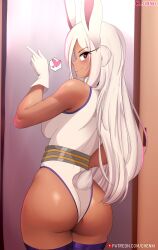 Rule 34 | 1girl, absurdres, animal ears, ass, bare shoulders, blush, boku no hero academia, breasts, chenki, clothing cutout, commentary, dark-skinned female, dark skin, english commentary, from behind, fur collar, gloves, heart, heart in eye, highres, huge ass, large breasts, leotard, long eyelashes, long hair, looking at viewer, mirko, patreon username, pointing, pointing to the side, purple thighhighs, rabbit ears, rabbit girl, rabbit tail, red eyes, sleeveless turtleneck leotard, smile, solo, spoken heart, sweat, symbol in eye, tail, tail through clothes, thick thighs, thighhighs, thighs, toned, twitter username, very long hair, white gloves, white hair, white leotard