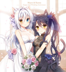 Rule 34 | 2girls, aina rive, animal ears, anniversary, antenna hair, artist name, bare shoulders, black dress, black hair, blue eyes, blurry, blurry background, blush, bouquet, breasts, brown eyes, cat ears, cat girl, cat tail, church, cleavage, closed mouth, collarbone, commentary request, depth of field, dress, female focus, flower, hair between eyes, hair flower, hair intakes, hair ornament, halter dress, halterneck, heterochromia, holding, holding bouquet, indoors, long hair, mauve, medium breasts, multiple girls, navel, original, petals, pink flower, pink rose, purple flower, purple rose, rose, see-through, silver hair, sleeveless, sleeveless dress, smile, tail, tail raised, twintails, very long hair, white dress, white flower, white rose, yellow eyes, yuri