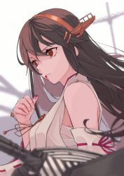 Rule 34 | 1girl, bare shoulders, black hair, blood, blood from mouth, commentary request, detached sleeves, hair ornament, hairclip, haruna (kancolle), headgear, highres, ichiroku (sakumogu-029), kantai collection, long hair, machinery, nontraditional miko, red eyes, rigging, solo, very long hair, white background