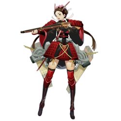 Rule 34 | 1girl, armor, faulds, full body, gun, hiryuu (victory belles), japanese armor, musket, official art, open mouth, salmon88, sheath, sheathed, simple background, solo, standing, thighhighs, victory belles, weapon, white background