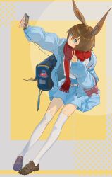 Rule 34 | amiya (arknights), amiya (fresh fastener) (arknights), animal ear legwear, animal ears, arknights, bag, blue eyes, blue jacket, blue skirt, blush, bottle, brown footwear, brown hair, full body, grey background, highres, invisible chair, jacket, jewelry, loafers, long sleeves, looking at phone, miniskirt, multiple rings, official alternate costume, open clothes, open jacket, phone, rabbit ears, red scarf, ring, scarf, selfie, shirt, shoes, short hair, sitting, skirt, thighhighs, two-tone background, v, white shirt, white thighhighs, yellow background, yuyumu