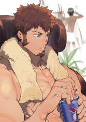 Rule 34 | 2boys, arjuna (fate), blue eyes, brown hair, can, canned coffee, chair, drink can, fate/grand order, fate (series), long sideburns, male focus, multiple boys, naked towel, napoleon bonaparte (fate), parted bangs, ryota-h, scar, sideburns, sitting, solo focus, towel, towel around neck
