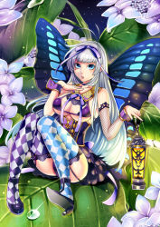 Rule 34 | 1girl, ahoge, asymmetrical legwear, bikini, bikini top only, blue eyes, blush, bow, breasts, bug, butterfly, butterfly wings, cleavage, corset, dress, elbow gloves, fairy, fishnets, flower, gloves, hair bow, high heels, insect, insect wings, lantern, large breasts, leaf, long hair, matsurika youko, mismatched legwear, monster girl, open mouth, original, panties, pantyshot, shoes, single elbow glove, single glove, sitting, skirt, solo, swimsuit, thighhighs, underwear, upskirt, white hair, wings, wrist cuffs
