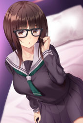 1girl bed black-framed_eyewear black_shirt black_skirt breasts brown_eyes brown_hair glasses green_neckwear huyumitsu indoors large_breasts long_sleeves looking_at_viewer medium_hair original paid_reward_available pillow playing_with_hair school_uniform serafuku shirt sitting skirt solo