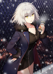 Rule 34 | 1girl, ahoge, black dress, blue coat, blurry, blurry background, breasts, breath, can, canned coffee, chain-link fence, city lights, coat, collarbone, commentary request, dress, drink can, fate/grand order, fate (series), fence, fur-trimmed coat, fur trim, hand on own hip, holding, holding can, ice (ice aptx), jeanne d&#039;arc (fate), jeanne d&#039;arc alter (avenger) (fate), jeanne d&#039;arc alter (fate), large breasts, looking at viewer, open mouth, outdoors, rooftop, short hair, silver hair, smile, snow, snowing, solo, tsurime, yellow eyes