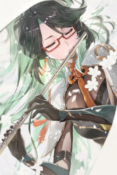 Rule 34 | 1girl, absurdres, aqua hair, black gloves, black hair, capelet, closed eyes, cloud retainer (genshin impact), commentary request, flute, genshin impact, glasses, gloves, hidulume, highres, holding, holding instrument, instrument, long hair, music, parted lips, playing instrument, red-framed eyewear, revision, solo, upper body, very long hair, white capelet, xianyun (genshin impact)