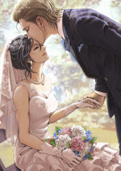 Rule 34 | 1boy, 1girl, alternate costume, bare shoulders, black hair, blonde hair, bouquet, bridal veil, closed eyes, closed mouth, commentary request, couple, dress, earrings, flower, formal, gloves, highres, jean kirstein, jewelry, kiss, kissing forehead, lips, lipstick, long sideburns, long sleeves, makeup, mikasa ackerman, necklace, nekomama727, off-shoulder dress, off shoulder, outdoors, pearl earrings, pearl necklace, pink flower, pink rose, rose, shingeki no kyojin, short hair, sideburns, sleeveless, sleeveless dress, smile, suit, veil, wedding dress, white dress, white flower, white gloves